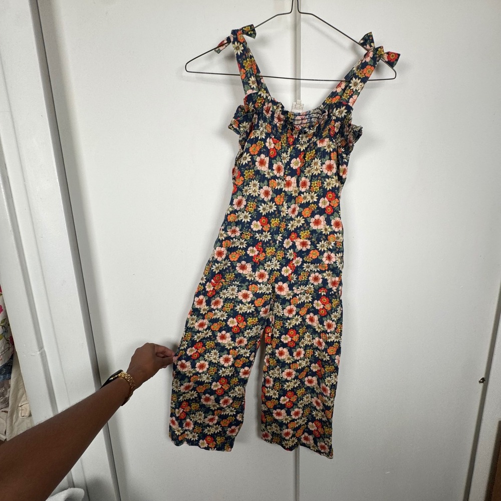 Bonton Girls Floral Smocked Jumpsuit Navy Blue Gold Lurex Tie Shoulder Size 8
